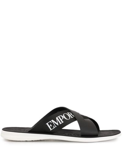 Sandalias Armani Emporio Cross Over Logo Correa Hombre Negras | WXW68SJK