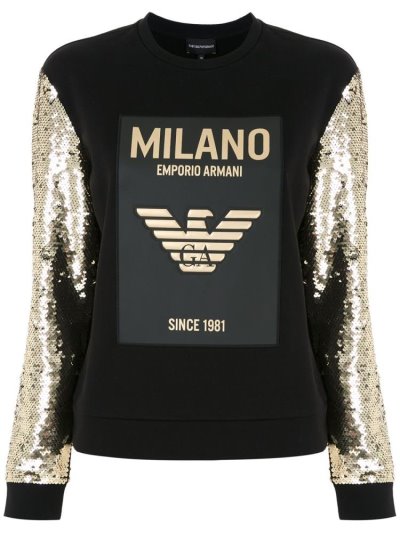 Sudaderas Armani Emporio Sequinned Sleeve Algodon Mujer Negras Doradas | 2R6CLWAG